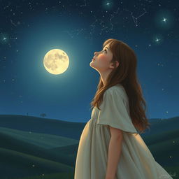 A young woman gazing up at a starry night sky, her face illuminated by the soft glow of the stars