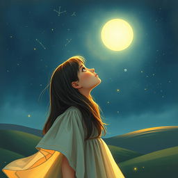 A young woman gazing up at a starry night sky, her face illuminated by the soft glow of the stars