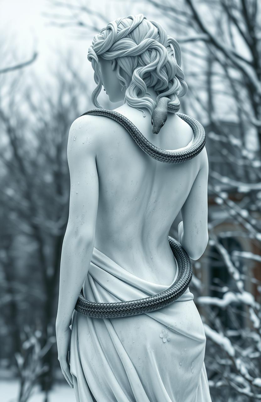 A beautifully rendered white statue of a woman with an exposed back, capturing the essence of winter