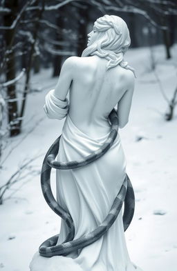 A beautifully rendered white statue of a woman with an exposed back, capturing the essence of winter
