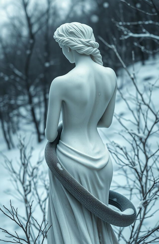 A beautifully rendered white statue of a woman with an exposed back, capturing the essence of winter