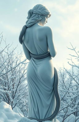 A beautifully rendered white statue of a woman with an exposed back, capturing the essence of winter