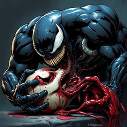 Venom, the iconic Marvel anti-hero, depicted with his characteristic black symbiote suit and fierce expression, engaging in a gruesome scene where he violently bites into a head, with his sharp teeth sinking deep into flesh