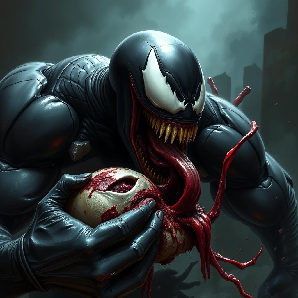 Venom, the iconic Marvel anti-hero, depicted with his characteristic black symbiote suit and fierce expression, engaging in a gruesome scene where he violently bites into a head, with his sharp teeth sinking deep into flesh