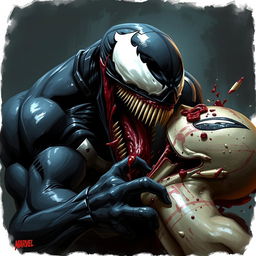 Venom, the iconic Marvel anti-hero, depicted with his characteristic black symbiote suit and fierce expression, engaging in a gruesome scene where he violently bites into a head, with his sharp teeth sinking deep into flesh