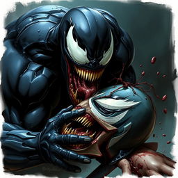 Venom, the iconic Marvel anti-hero, depicted with his characteristic black symbiote suit and fierce expression, engaging in a gruesome scene where he violently bites into a head, with his sharp teeth sinking deep into flesh