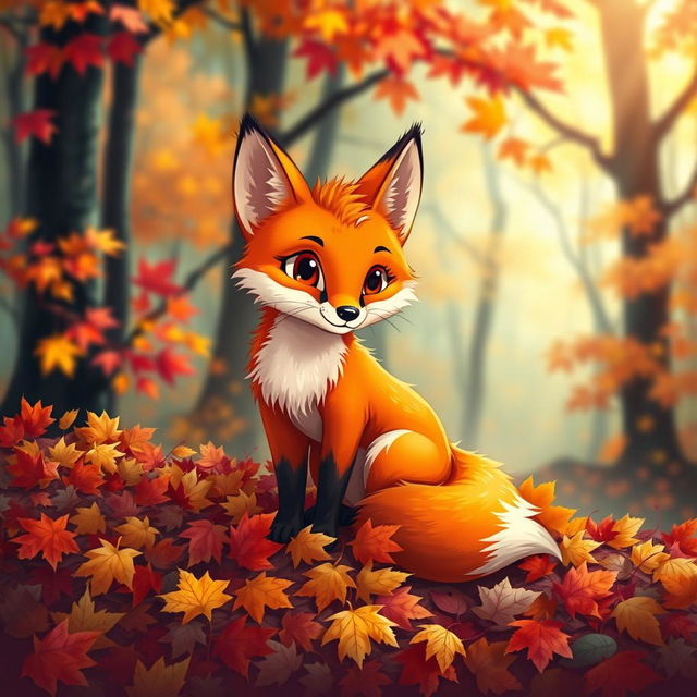 A vibrant and detailed illustration of a fox sitting on a bed of colorful autumn leaves, with its bright orange fur contrasting against the rich reds, yellows, and browns of the foliage