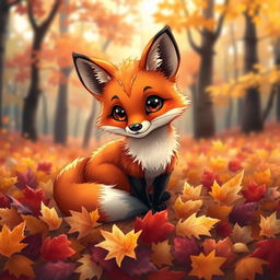 A vibrant and detailed illustration of a fox sitting on a bed of colorful autumn leaves, with its bright orange fur contrasting against the rich reds, yellows, and browns of the foliage