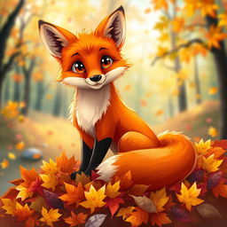A vibrant and detailed illustration of a fox sitting on a bed of colorful autumn leaves, with its bright orange fur contrasting against the rich reds, yellows, and browns of the foliage