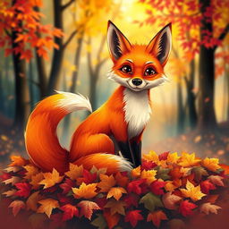 A vibrant and detailed illustration of a fox sitting on a bed of colorful autumn leaves, with its bright orange fur contrasting against the rich reds, yellows, and browns of the foliage