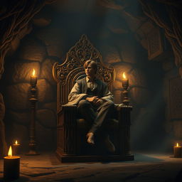 A human character seated on an intricately carved wooden throne, surrounded by an underground room with stone walls