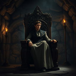 A human character seated on an intricately carved wooden throne, surrounded by an underground room with stone walls