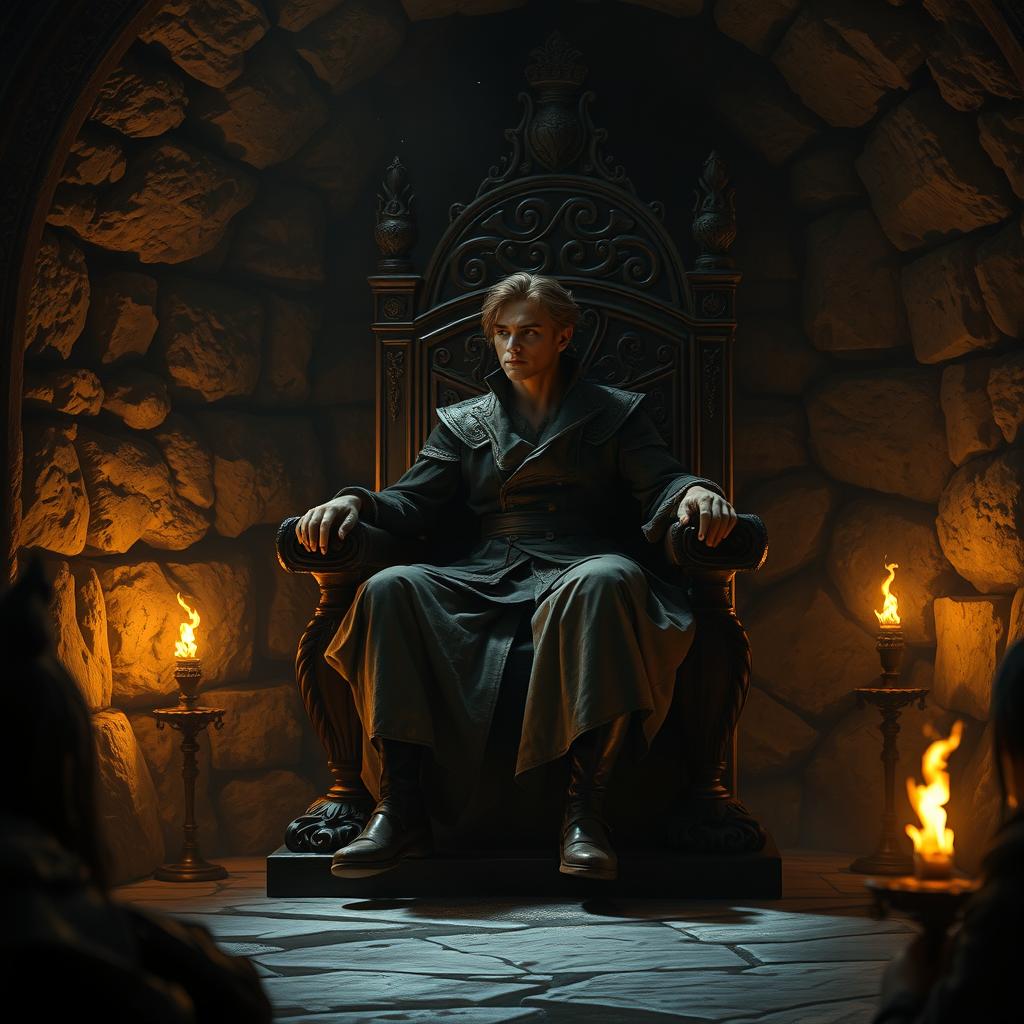 A human character seated on an intricately carved wooden throne, surrounded by an underground room with stone walls