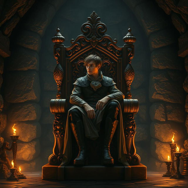 A human character seated on an intricately carved wooden throne, surrounded by an underground room with stone walls