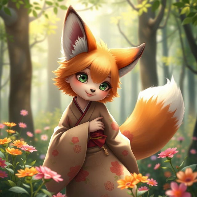 A fantastical fox girl with vibrant orange and white fur, large fluffy ears, and a bushy tail