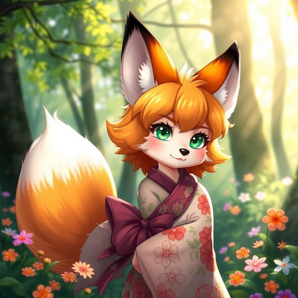 A fantastical fox girl with vibrant orange and white fur, large fluffy ears, and a bushy tail