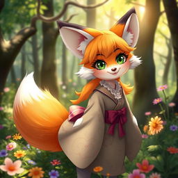 A fantastical fox girl with vibrant orange and white fur, large fluffy ears, and a bushy tail