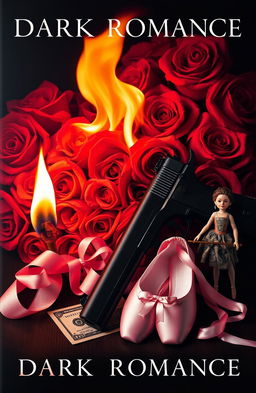 A captivating dark romance book cover featuring a dramatic background of roses intertwined with flames, creating an intense and passionate atmosphere
