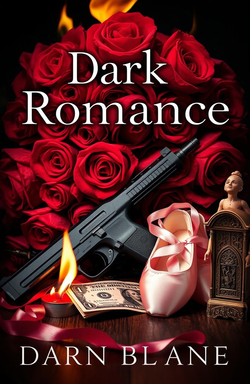 A captivating dark romance book cover featuring a dramatic background of roses intertwined with flames, creating an intense and passionate atmosphere