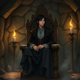 A human character with dark hair seated on an intricately carved wooden throne, surrounded by an underground room with stone walls