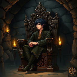 A human character with dark hair seated on an intricately carved wooden throne, surrounded by an underground room with stone walls