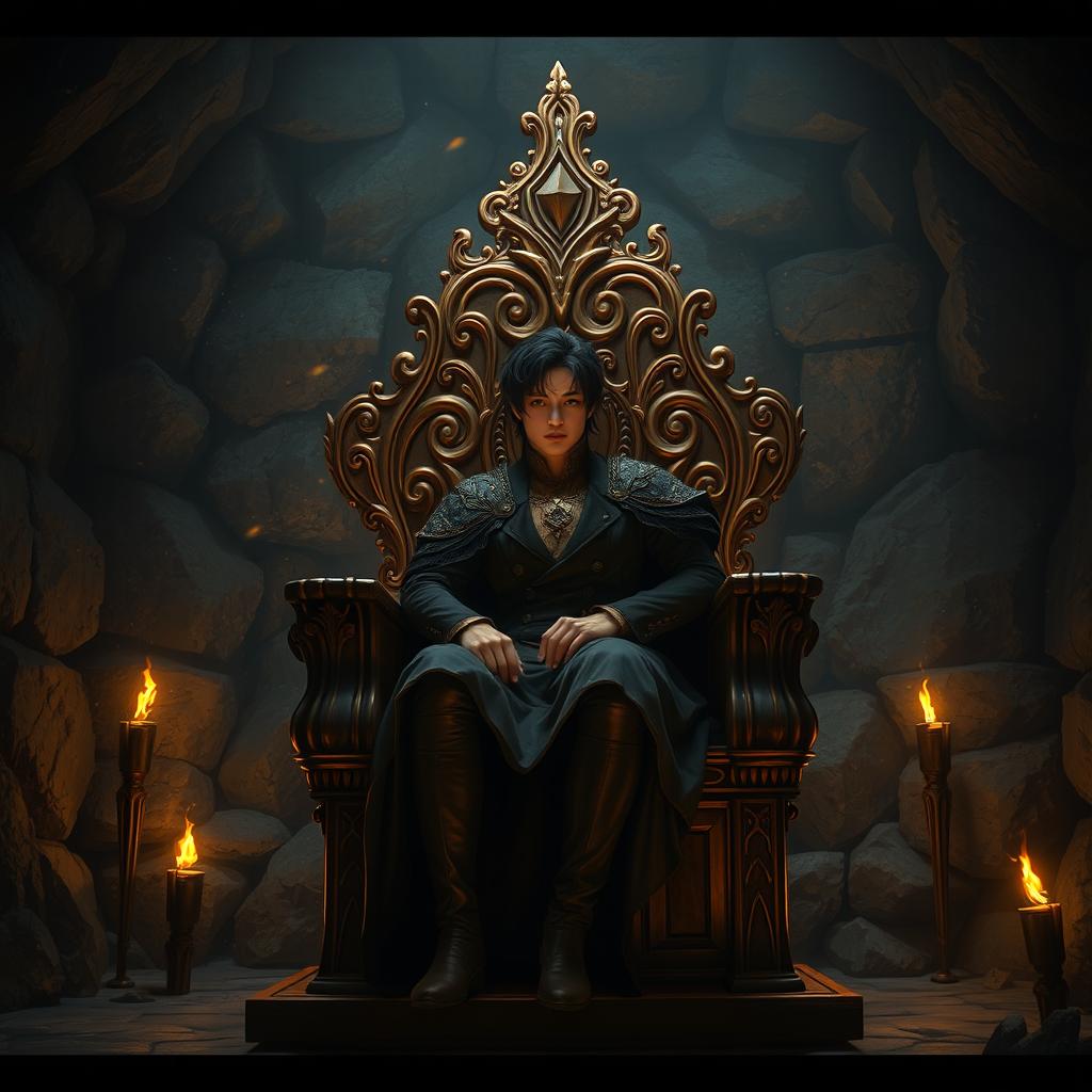 A human character with dark hair seated on an intricately carved wooden throne, surrounded by an underground room with stone walls