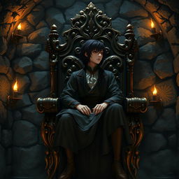 A human character with dark hair seated on an intricately carved wooden throne, surrounded by an underground room with stone walls