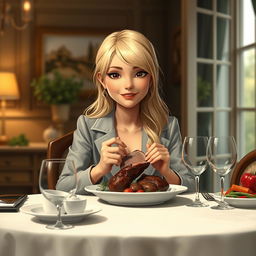 A realistic depiction of a blonde girl sitting at a table eating lamb