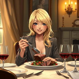 A realistic depiction of a blonde girl sitting at a table eating lamb