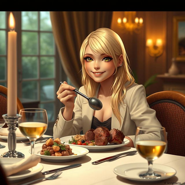 A realistic depiction of a blonde girl sitting at a table eating lamb