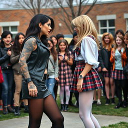 In an electrifying schoolyard scene, a sexy, hot, beautiful, stunning, and curvy tattooed girl with jet black hair and striking crystal blue eyes passionately confronts another equally mesmerizing girl