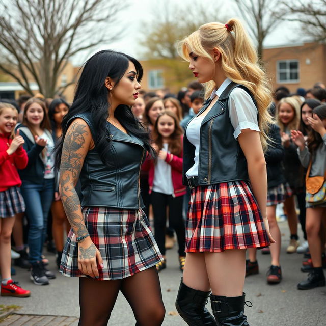 In an electrifying schoolyard scene, a sexy, hot, beautiful, stunning, and curvy tattooed girl with jet black hair and striking crystal blue eyes passionately confronts another equally mesmerizing girl