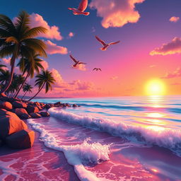 A vibrant, high-energy 4k animated scene depicting a beautiful sunset over a tranquil ocean with cascading waves gently lapping against the shore