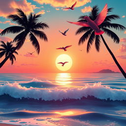 A vibrant, high-energy 4k animated scene depicting a beautiful sunset over a tranquil ocean with cascading waves gently lapping against the shore