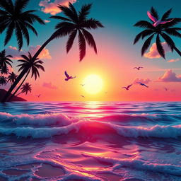 A vibrant, high-energy 4k animated scene depicting a beautiful sunset over a tranquil ocean with cascading waves gently lapping against the shore