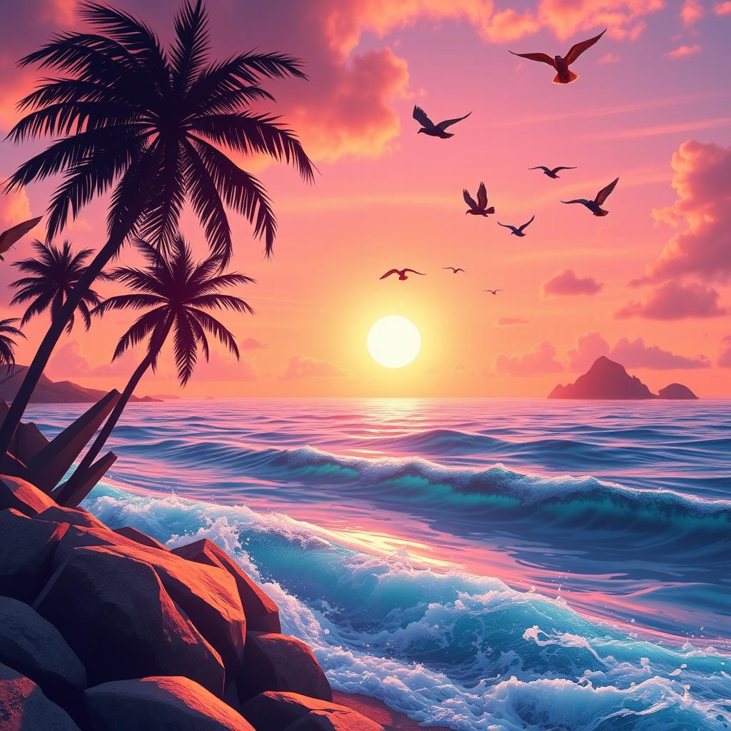 A vibrant, high-energy 4k animated scene depicting a beautiful sunset over a tranquil ocean with cascading waves gently lapping against the shore