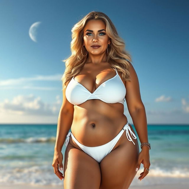 A full-body image of a curvy, mature woman, age around 45, beautiful and sexy