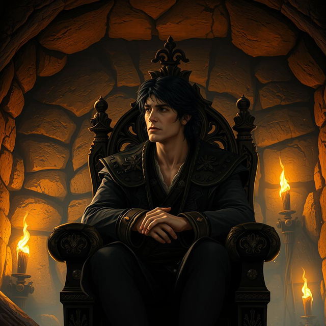 A human character with dark hair, appearing to be of medium age, seated on an intricately carved wooden throne in an underground room