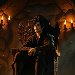 A human character with dark hair, appearing to be of medium age, seated on an intricately carved wooden throne in an underground room