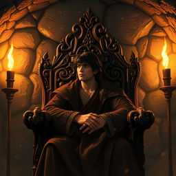 A human character with dark hair, appearing to be of medium age, seated on an intricately carved wooden throne in an underground room