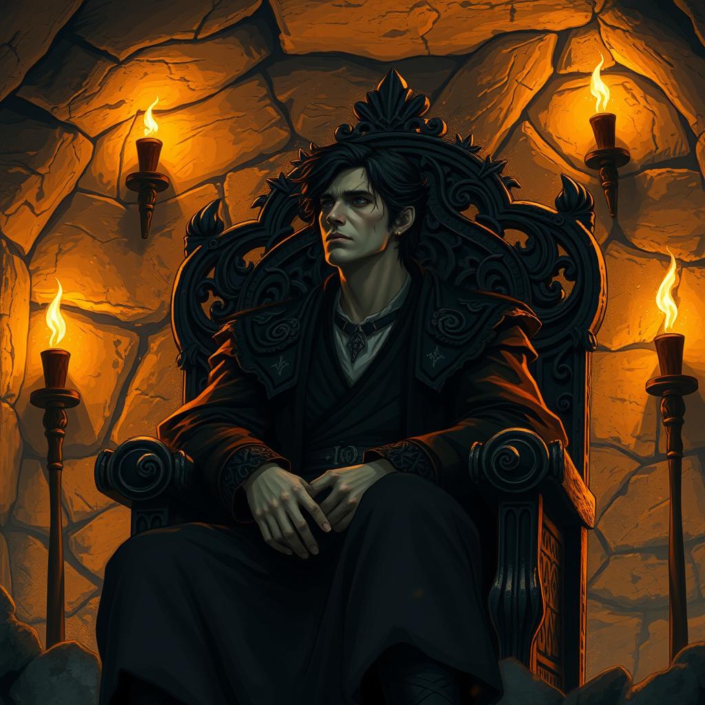 A human character with dark hair, appearing to be of medium age, seated on an intricately carved wooden throne in an underground room