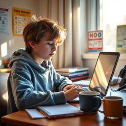 A sleepy student boy sitting at his desk, surrounded by school supplies, looking tired yet attentive as he participates in a virtual school class