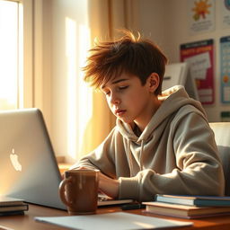 A sleepy student boy sitting at his desk, surrounded by school supplies, looking tired yet attentive as he participates in a virtual school class