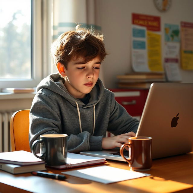 A sleepy student boy sitting at his desk, surrounded by school supplies, looking tired yet attentive as he participates in a virtual school class