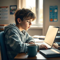 A sleepy student boy sitting at his desk, surrounded by school supplies, looking tired yet attentive as he participates in a virtual school class
