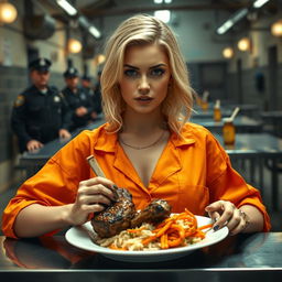 A stunning blonde woman enjoying a plate of lamb meat, dressed in a bright orange prison outfit