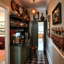 A charming mini bar set up in a hallway, designed to resemble a beautifully appointed vintage bar