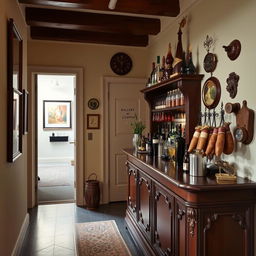 A charming mini bar set up in a hallway, designed to resemble a beautifully appointed vintage bar