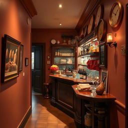 A charming mini bar set up in a hallway, designed to resemble a beautifully appointed vintage bar