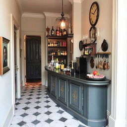 A charming mini bar set up in a hallway, designed to resemble a beautifully appointed vintage bar